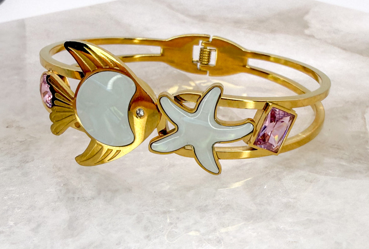 Gold Stainless Steel Sea Animal Open Front Bangle Bracelet