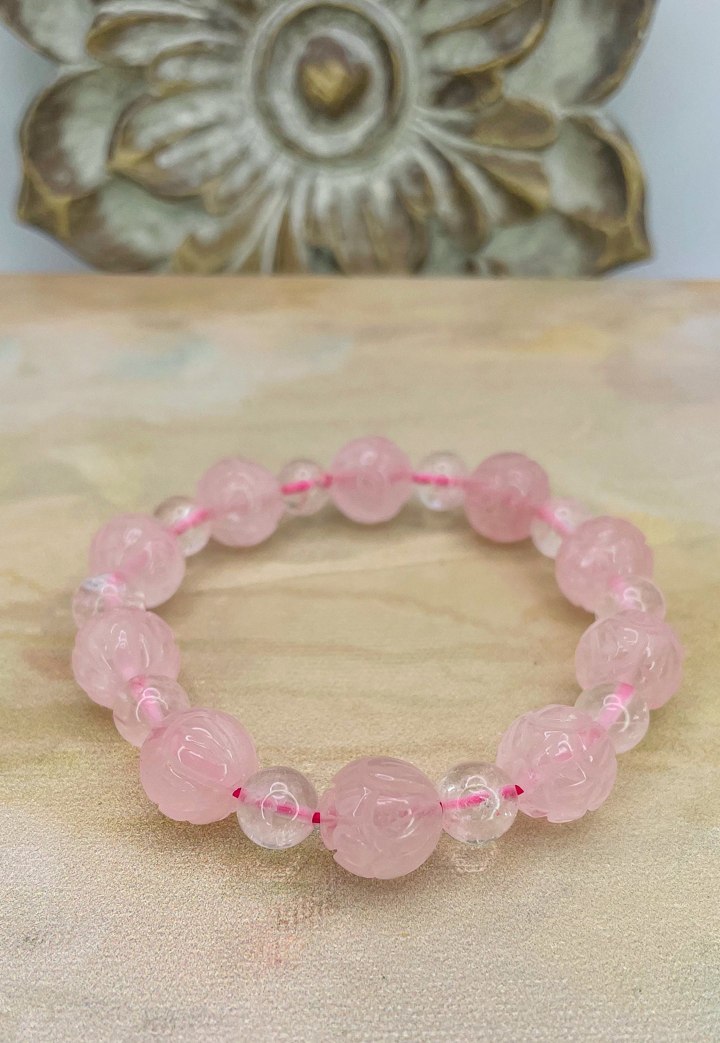 Lotus Craved Natural Crystal Beaded Bracelets- Clear Quartz, Rose Quartz