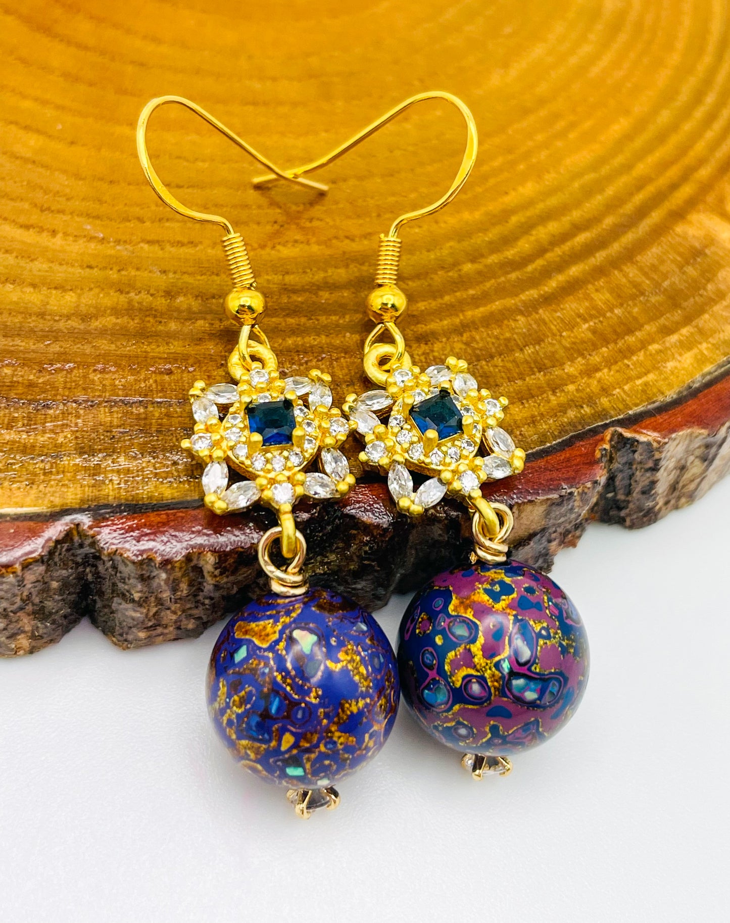 Handmade Daji Lacquer Beaded Bling Earrings with Natural Opal Inclusions