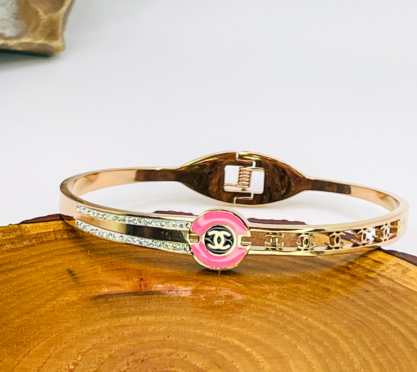 Pink Enameled CC Logo Gold Stainless Bangle Bracelet