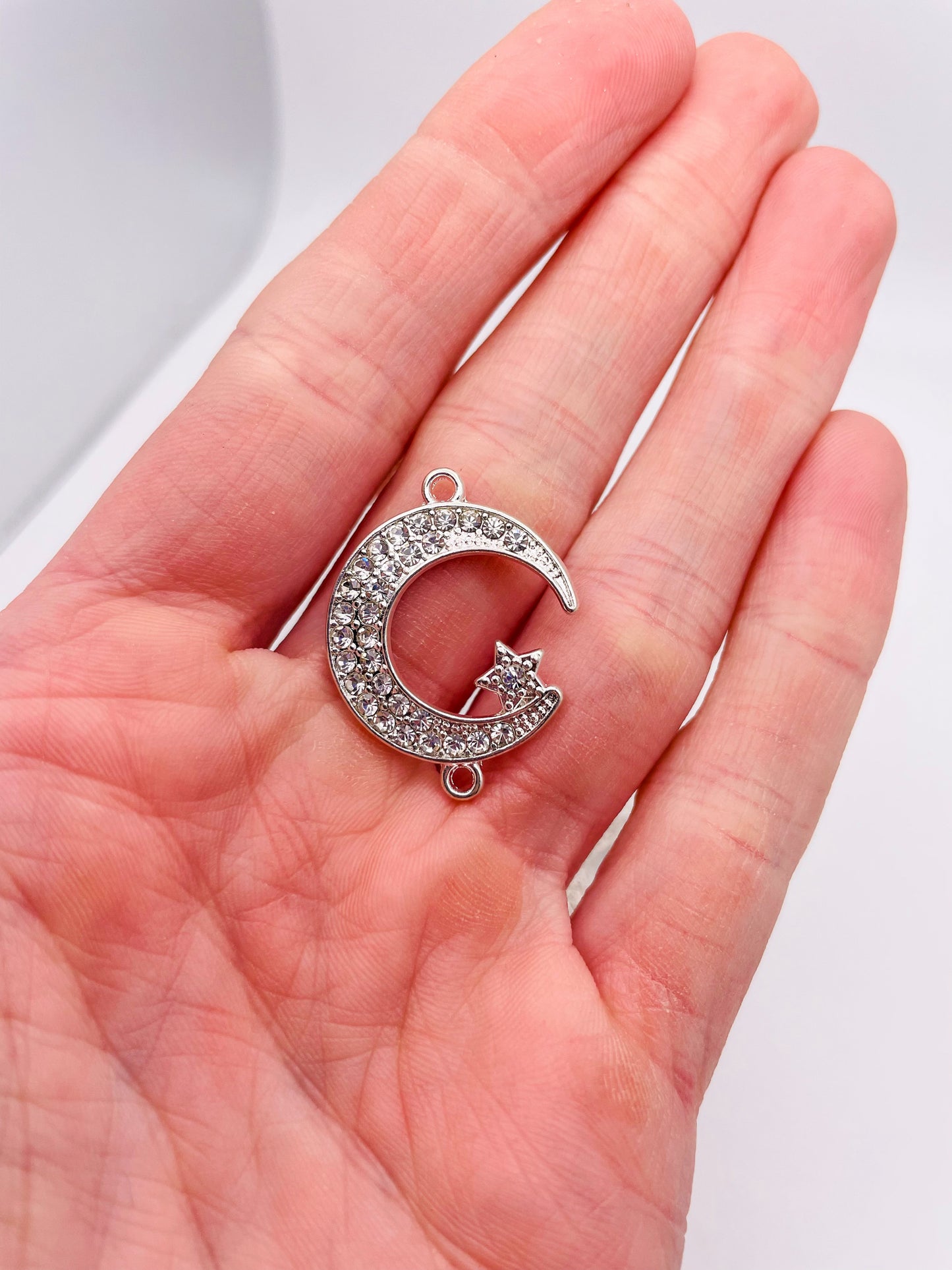 Silver Zircon Crescent Moon Double Linked Charm Pendant