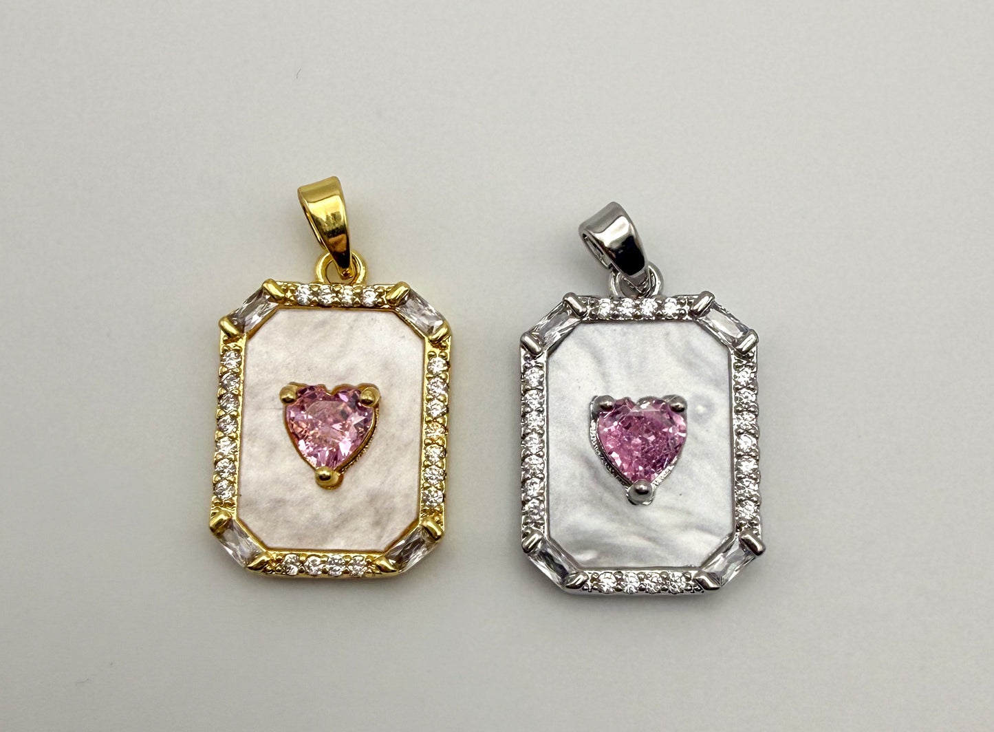 Mother of Pearl Shell with Pink CZ Heart Gold & Silver Pendant