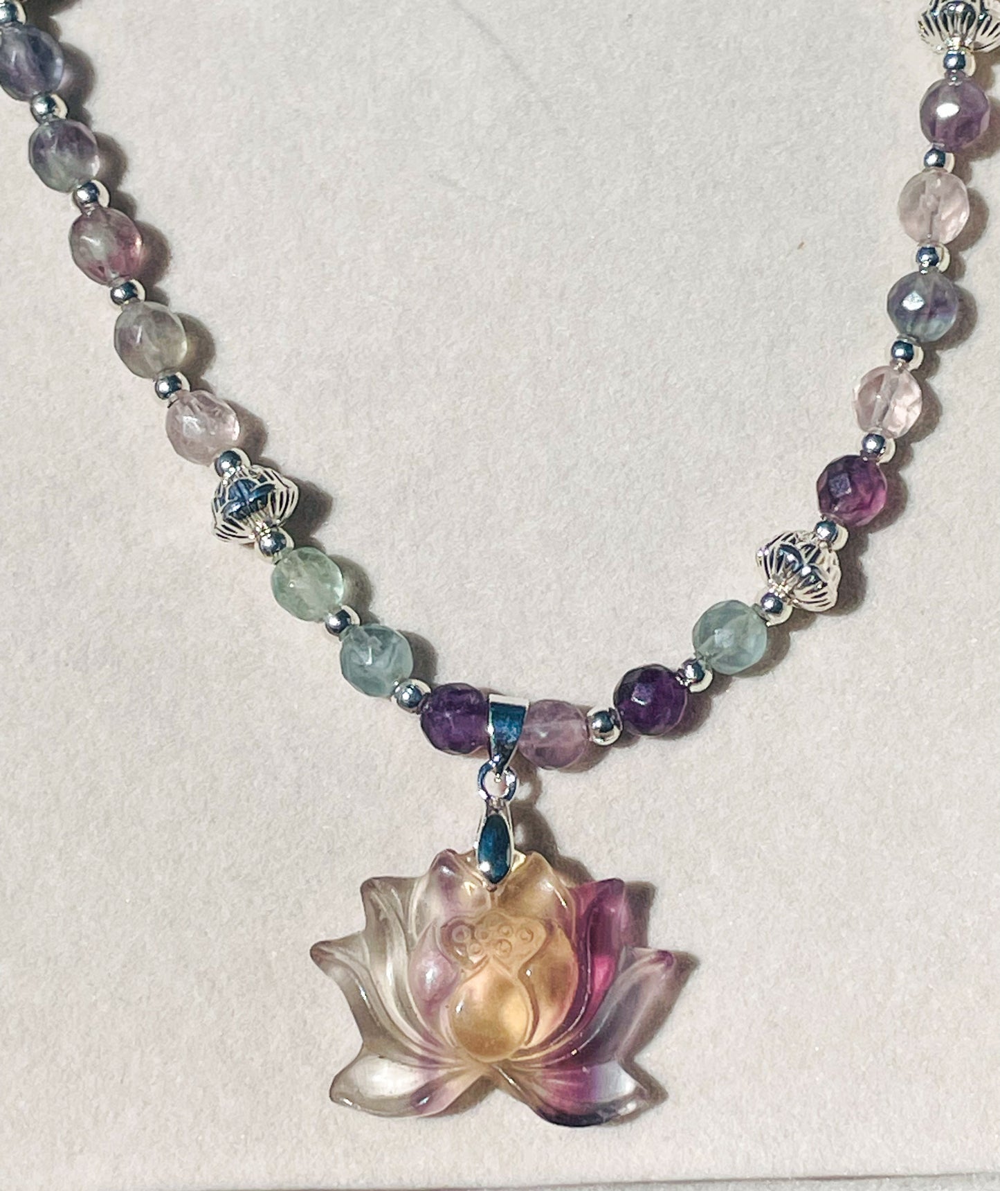 Natural Fluorite Lotus Crystal Carving Beaded Adjustable Necklace