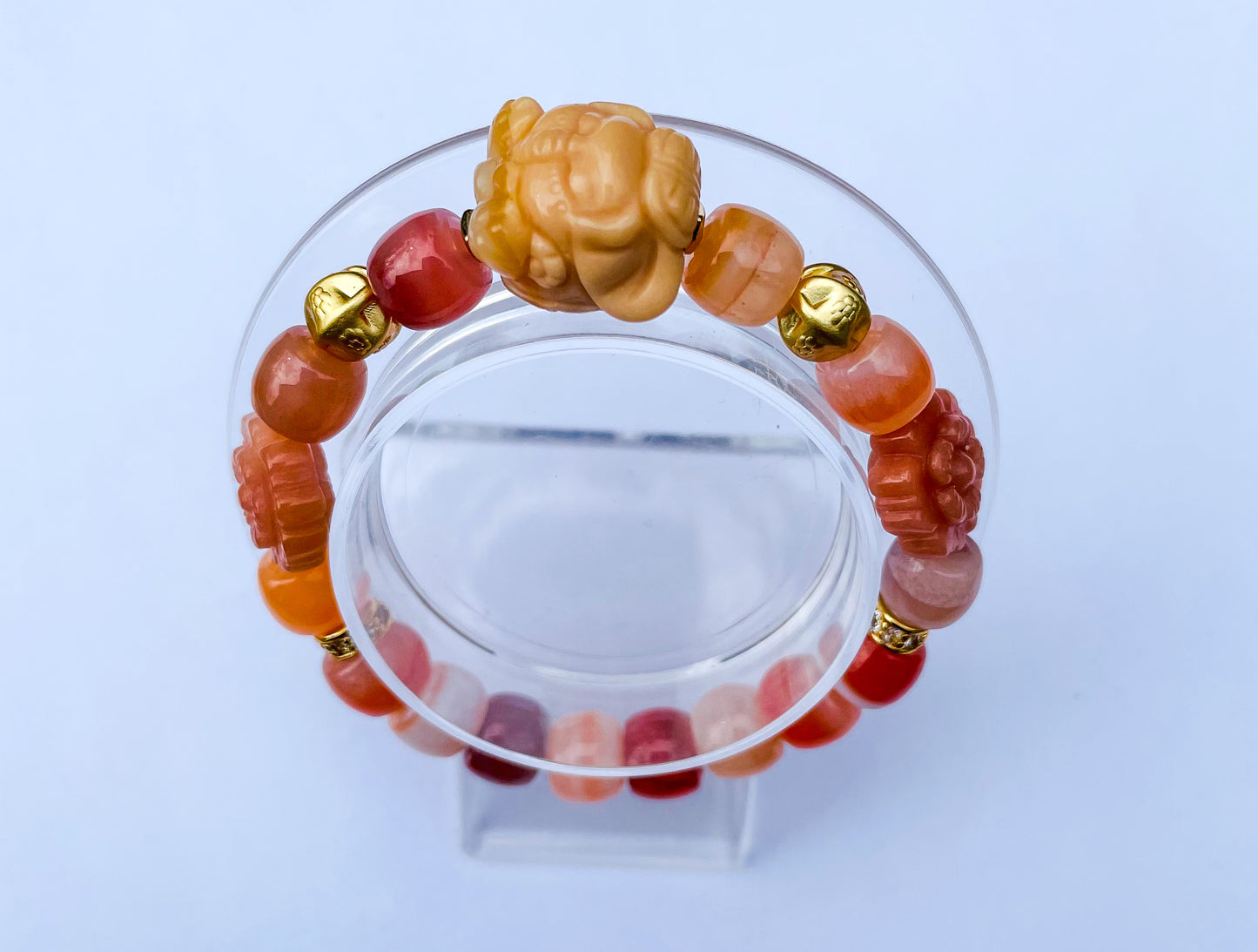 Natural Orange Botswana Agate with Natural Alashan Agate Baby Elephant Crystal Carving Beaded Stretch Adjustable Bracelet