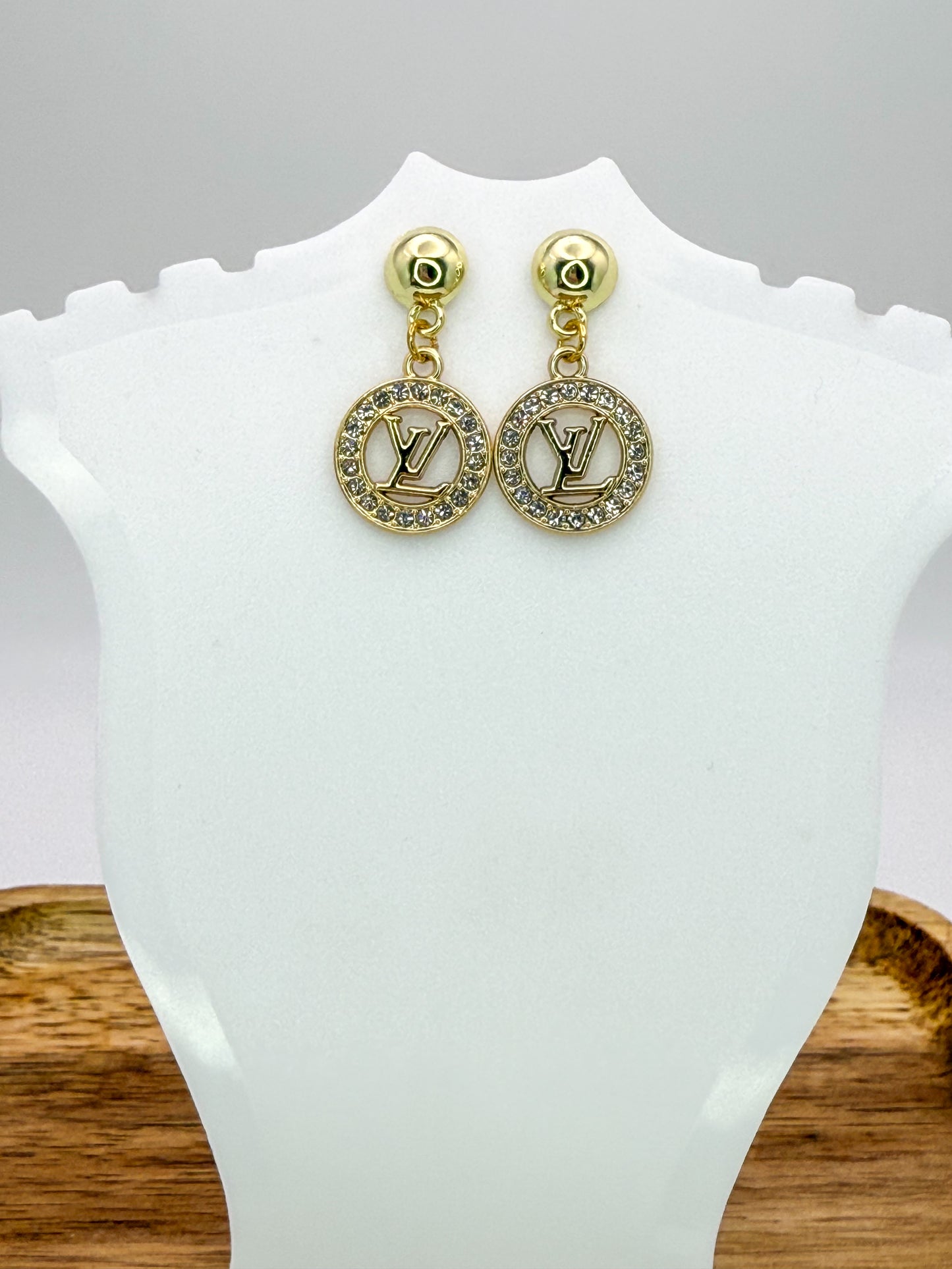 Gold LV Designer Stud Dangle Earrings