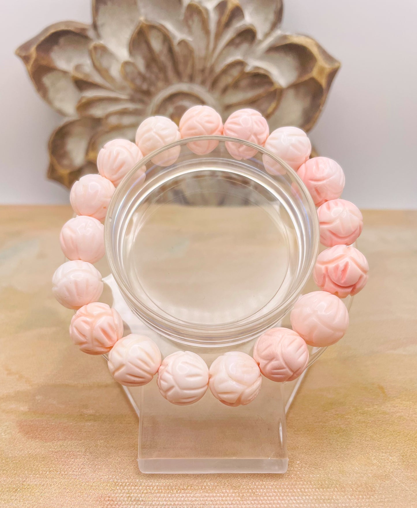 Natural Lotus Craved Pink Queen Conch Shell Beaded Stretch Bracelet w/ Certificate of Authenticity