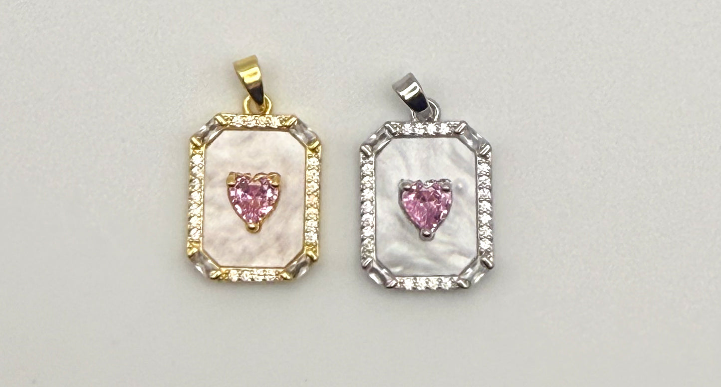 Mother of Pearl Shell with Pink CZ Heart Gold & Silver Pendant
