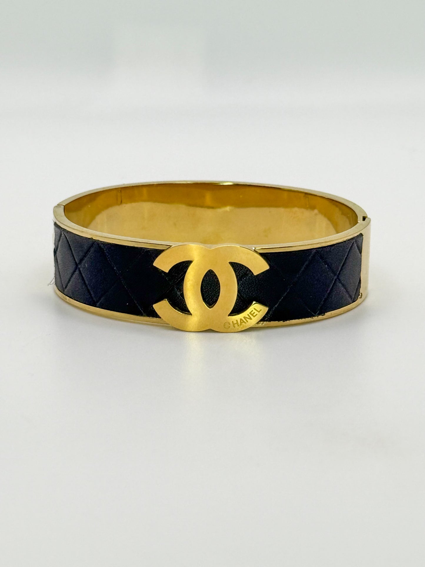 Thick Gold CC Bangle Bracelet with  Leather Wrap