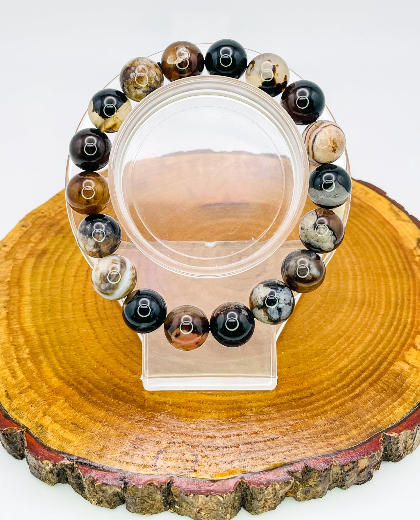 Natural Black Flower Agate Crystal Beaded Stretch Adjsutable Bracelet