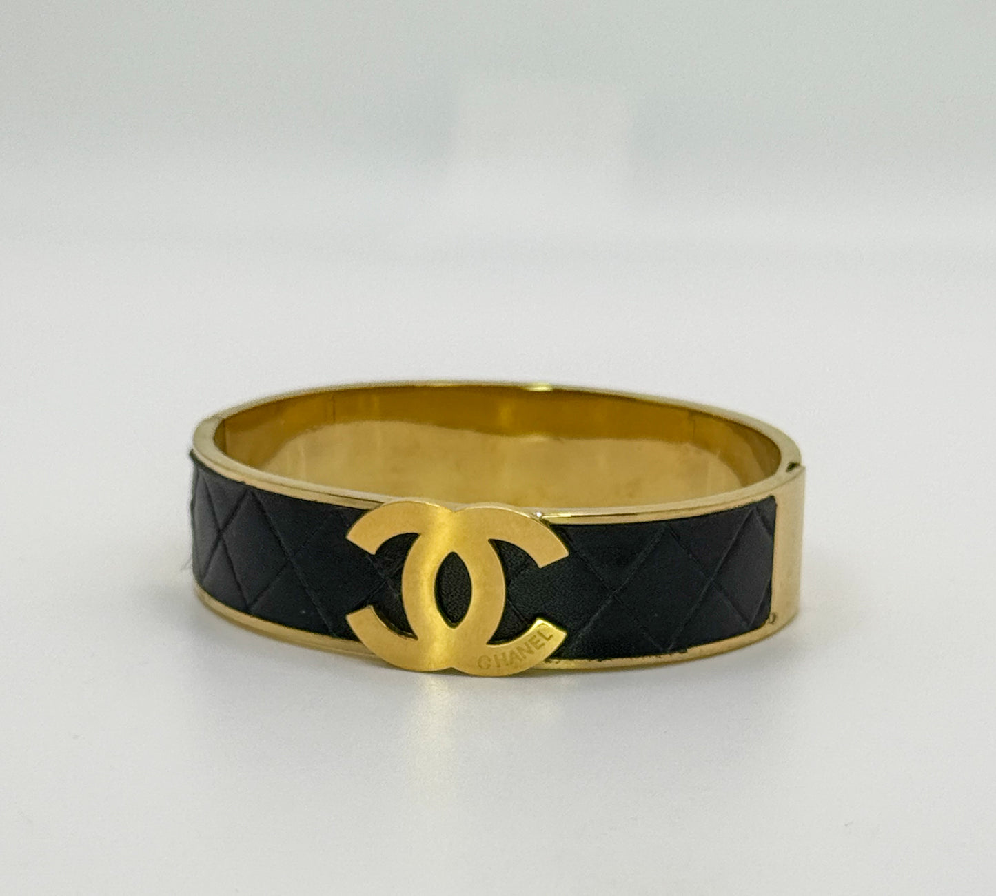Thick Gold CC Bangle Bracelet with  Leather Wrap