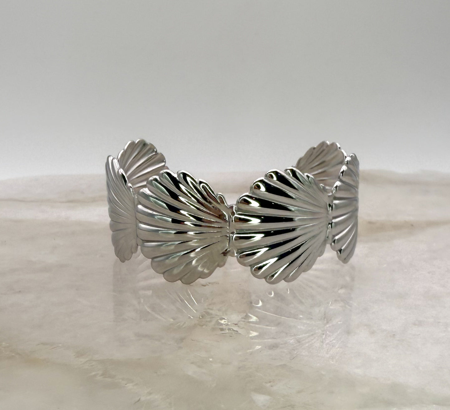 Scallop SeaShell Stainless Steel Gold or Silver Plated Open Back Adjustable Cuff Bangle Bracelet