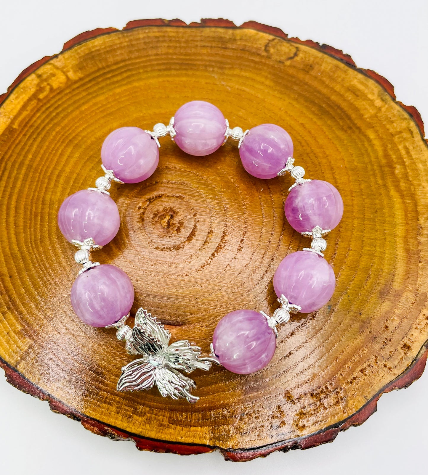 Natural Kunzite Pumpkin Craving Crystal Bracelet with Silver Double Butterfly Charm