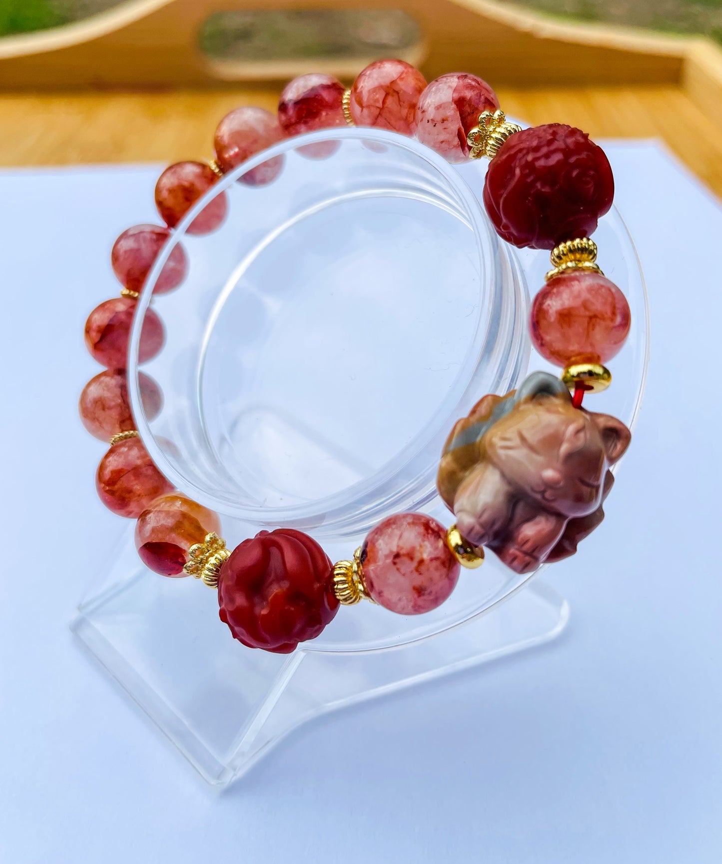 Natural Fire Quartz with Natural Alashan Agate & Red Jasper 9 Tailed Fox Crystal Carving Beaded Stretch Adjustable Bracelet