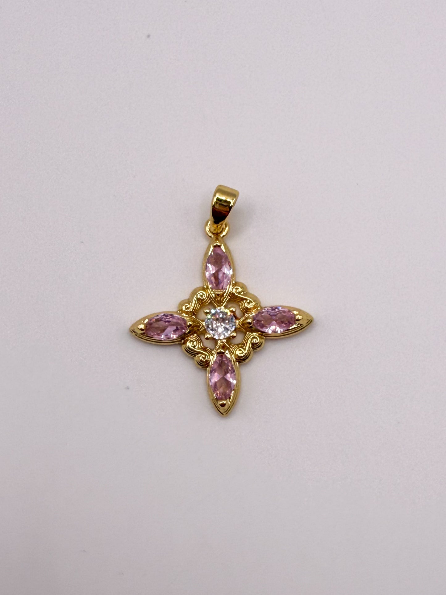 Pink Zircon Star Cross Gold Charm Pendant