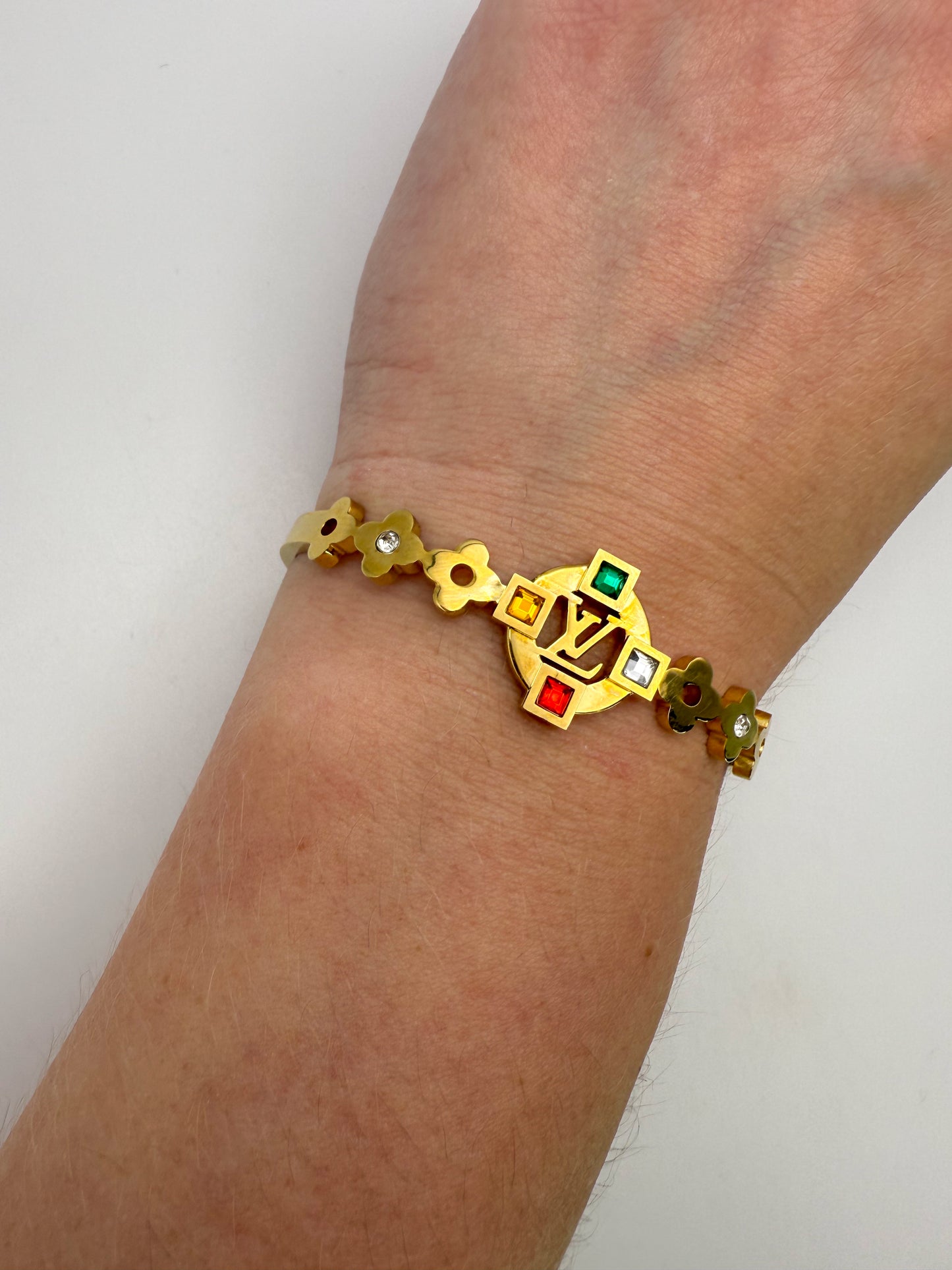 Gold LV Open Front Bangle Bracelet with Colorful Zircon