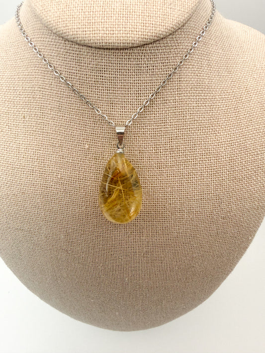 Natural Golden Rutilated Quartz Crystal Teardrop Pendant Stainless Steel Chain Necklace