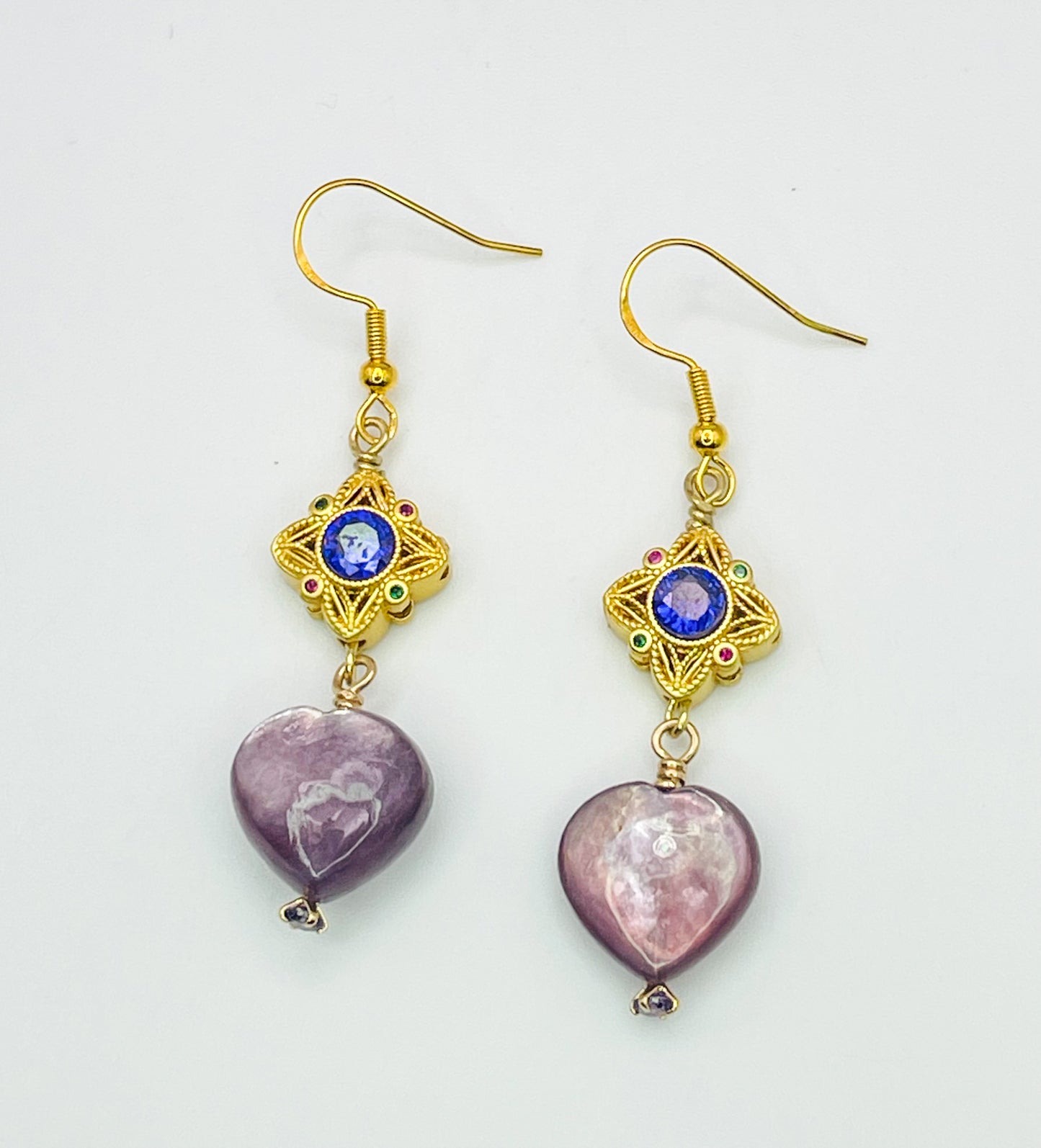 Natural Lepidolite Heart Gold Earrings