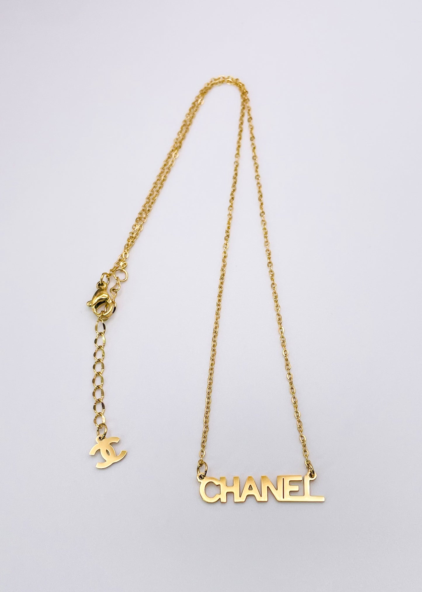 Designer CC Name Plate Gold Stainless Steel Necklace