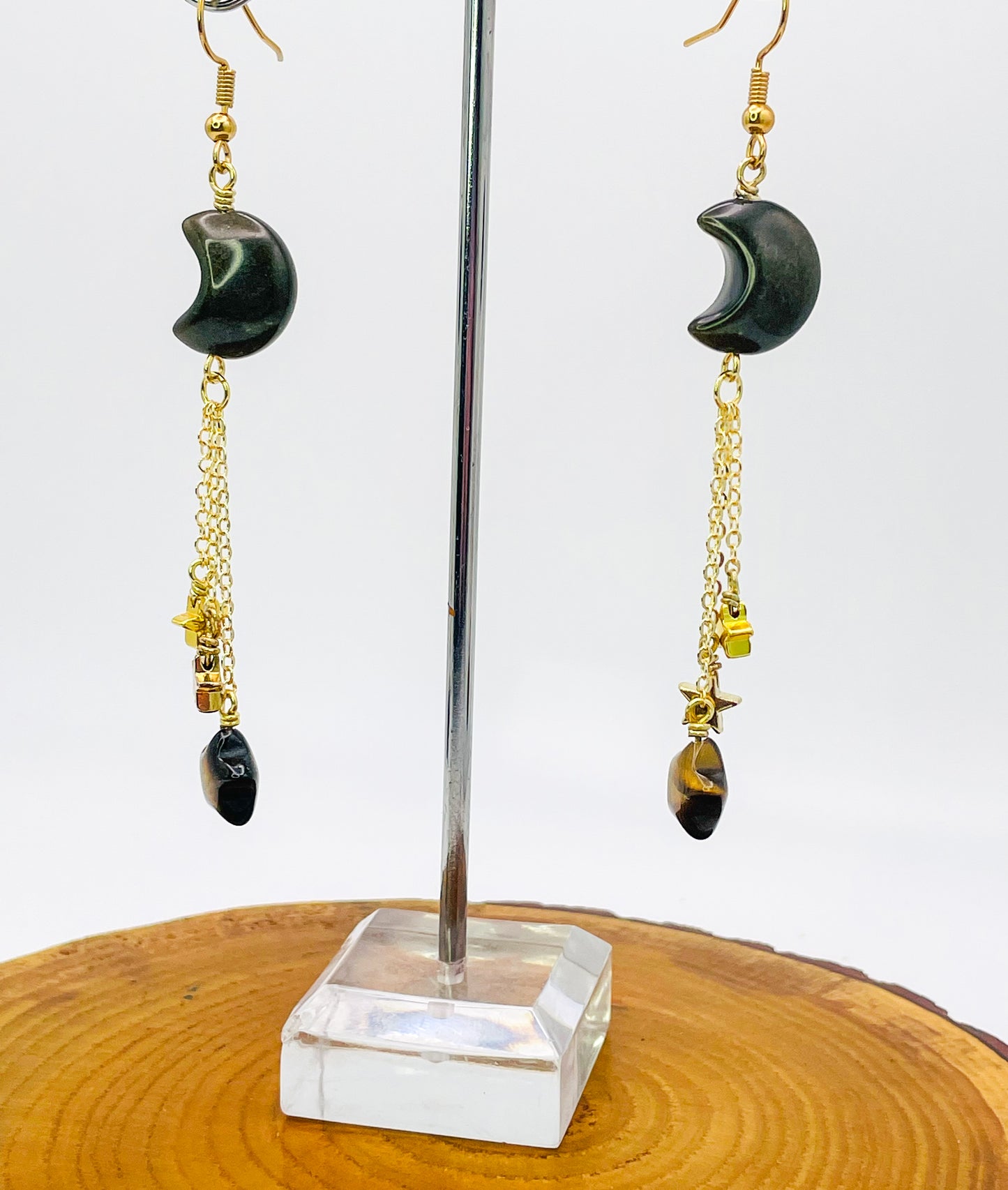 Gold Black Obsidian Moon Dangling Earrings with Natural Tigers Eye Star Beads