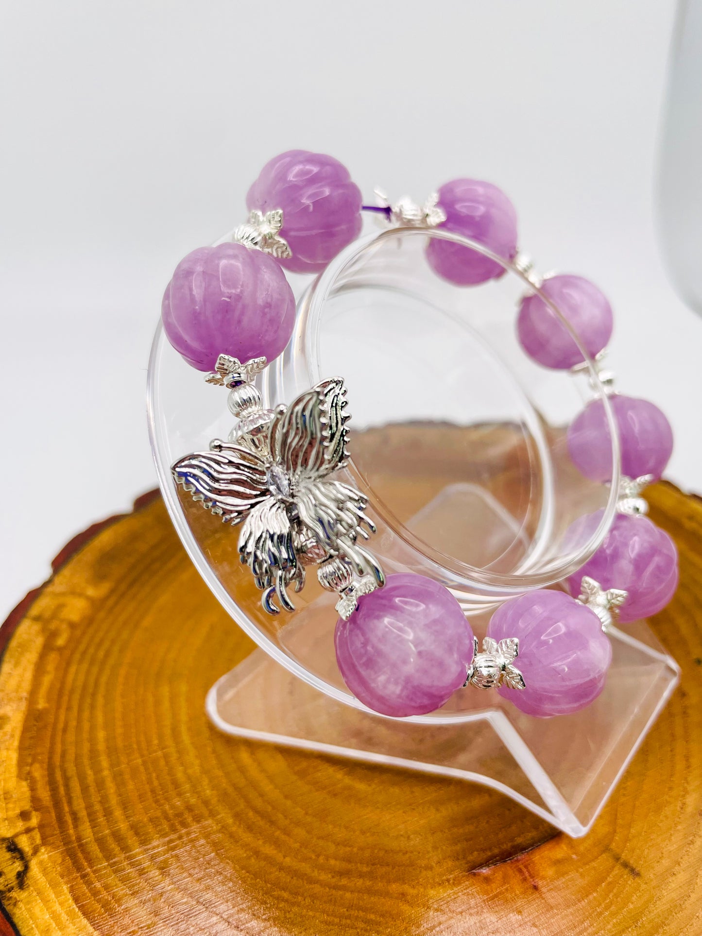 Natural Kunzite Pumpkin Craving Crystal Bracelet with Silver Double Butterfly Charm