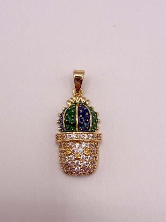 Gold House Cactus Potted Plant Charm Pendant