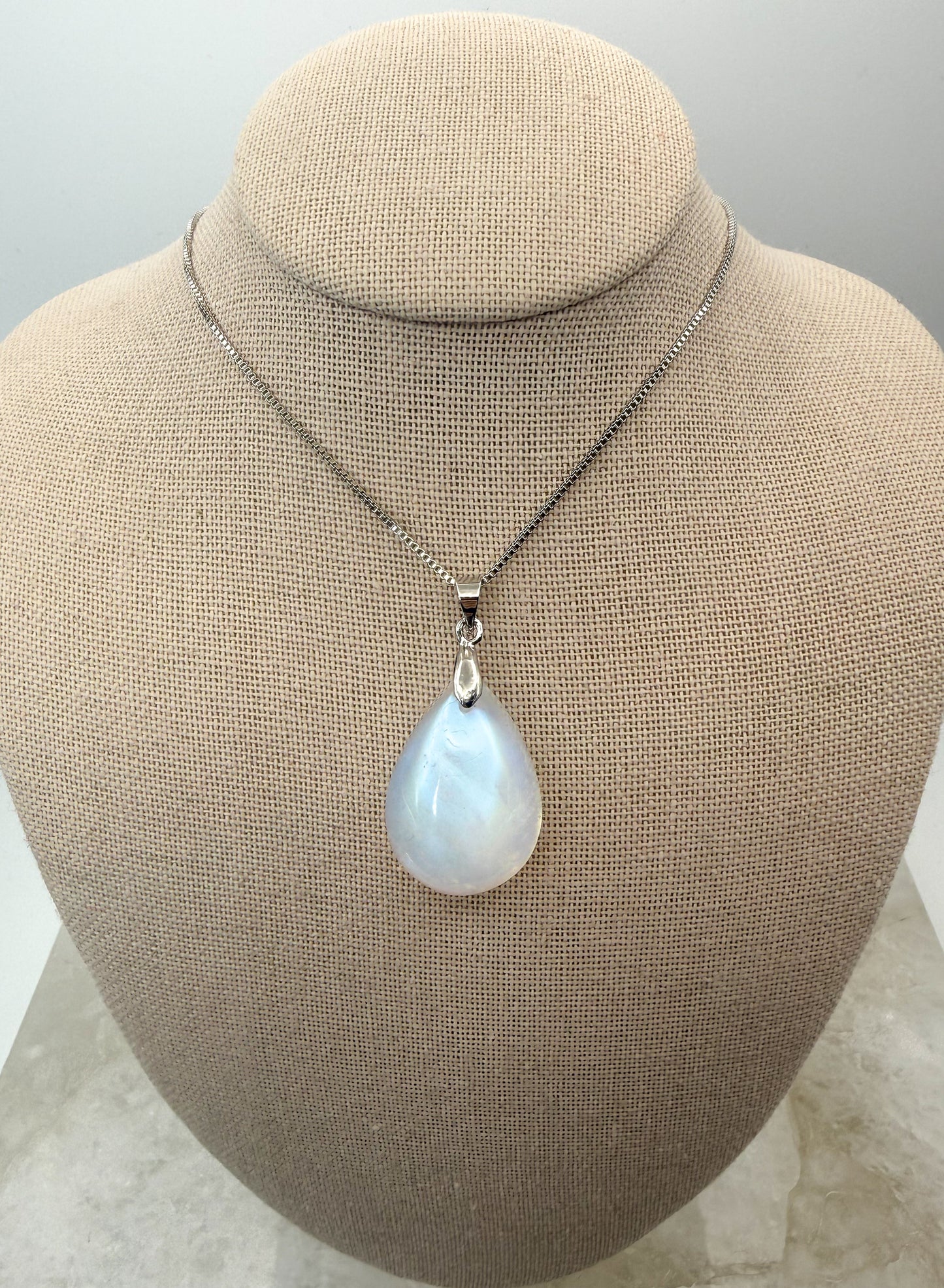 Natural Blue Moonstone Crystal Teardrop Pendant on Stainless Steel Chain Necklace