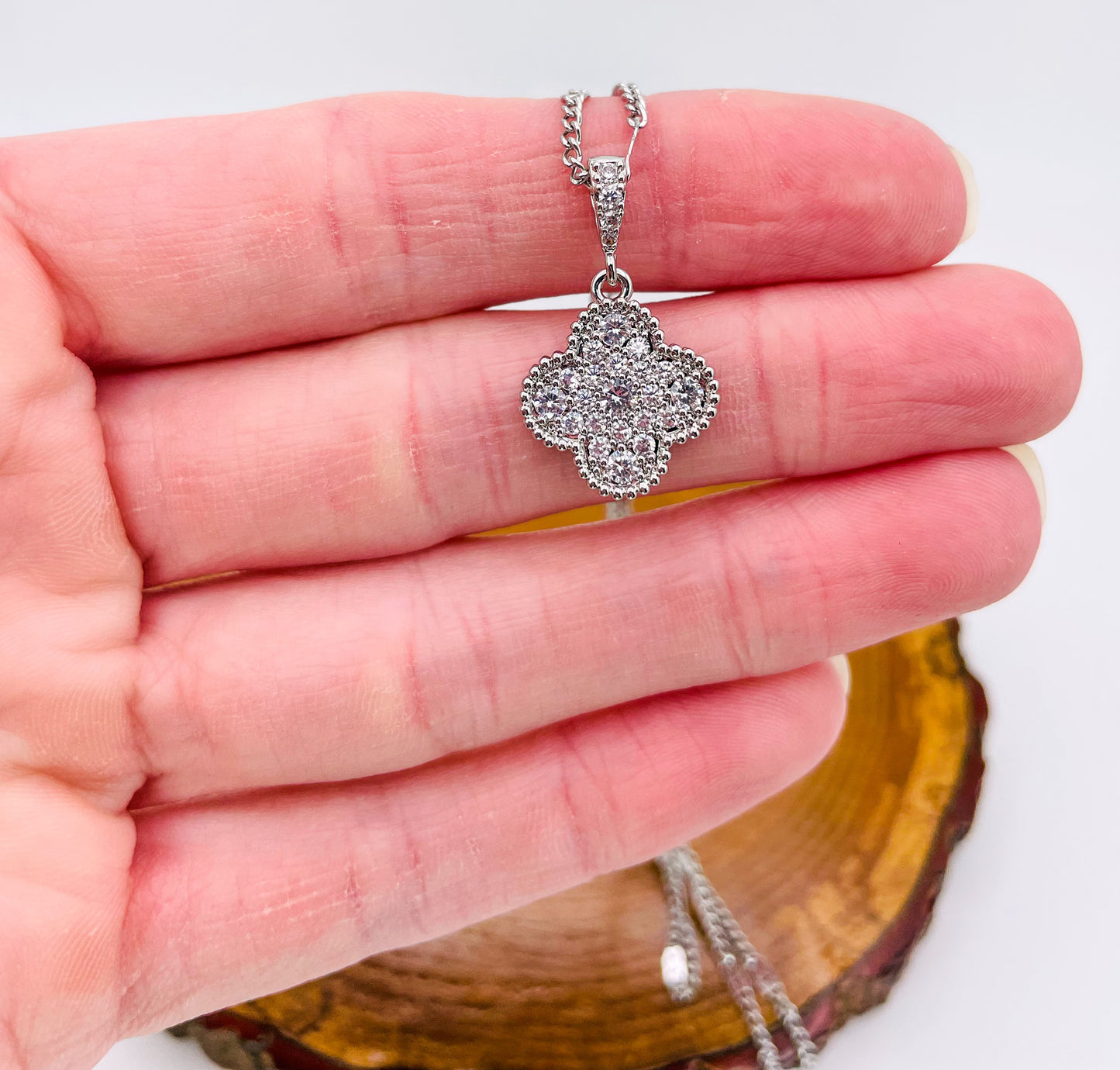 Zircon Covered Lucky Clover Silver & Gold Pendant Necklace