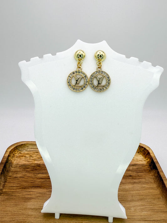 Gold LV Designer Stud Dangle Earrings