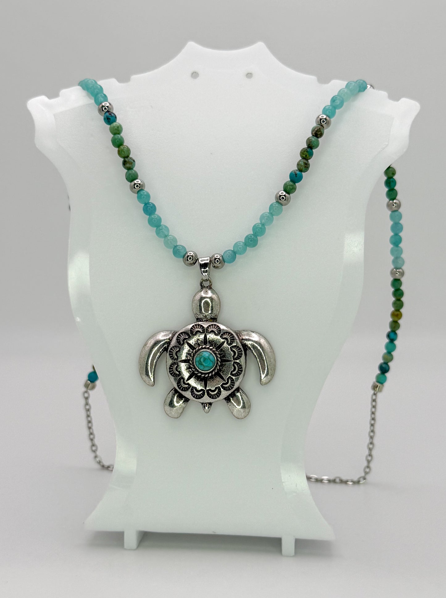 Natural Turquoise & Amazonite Crystal Beaded Necklace with Silver Sea Turtle Pendant