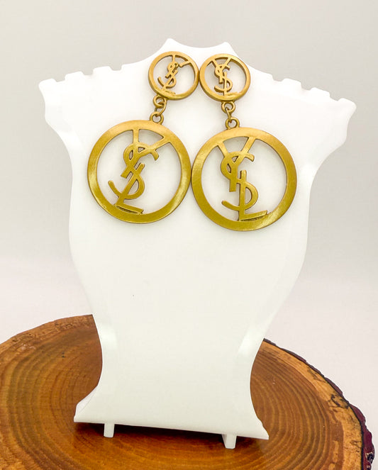 Gold YSL Designer Statement Stud Dangle Earrings