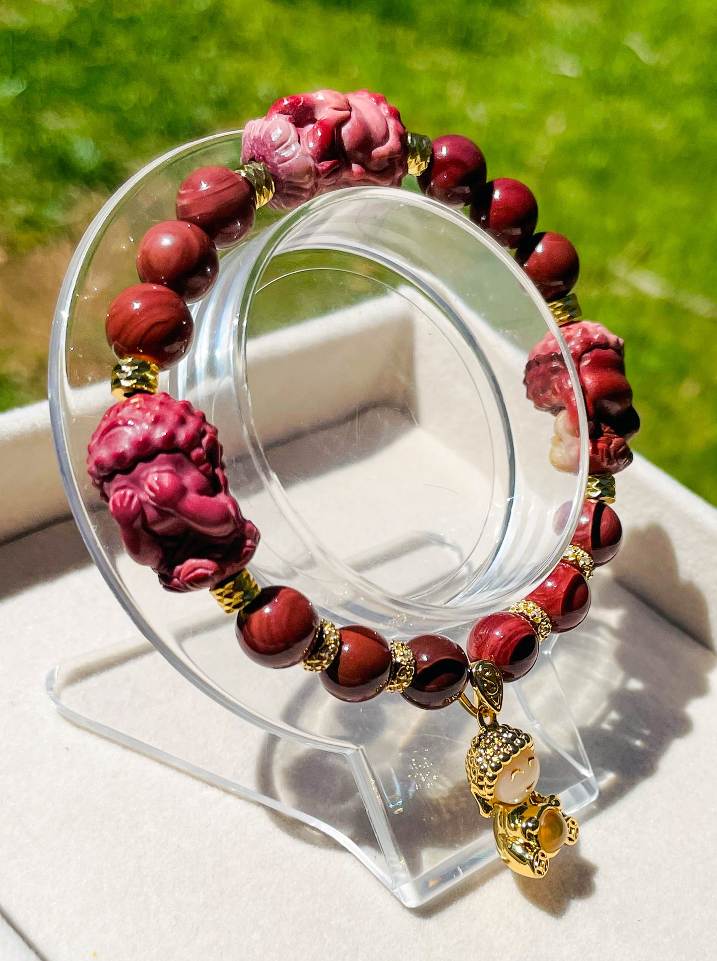 Hear, See & Speak No Evil Baby Budda Sitting on Lotus Natural Alashan Agate Crystal Carving Beaded Stretch Adjustable Bracelet