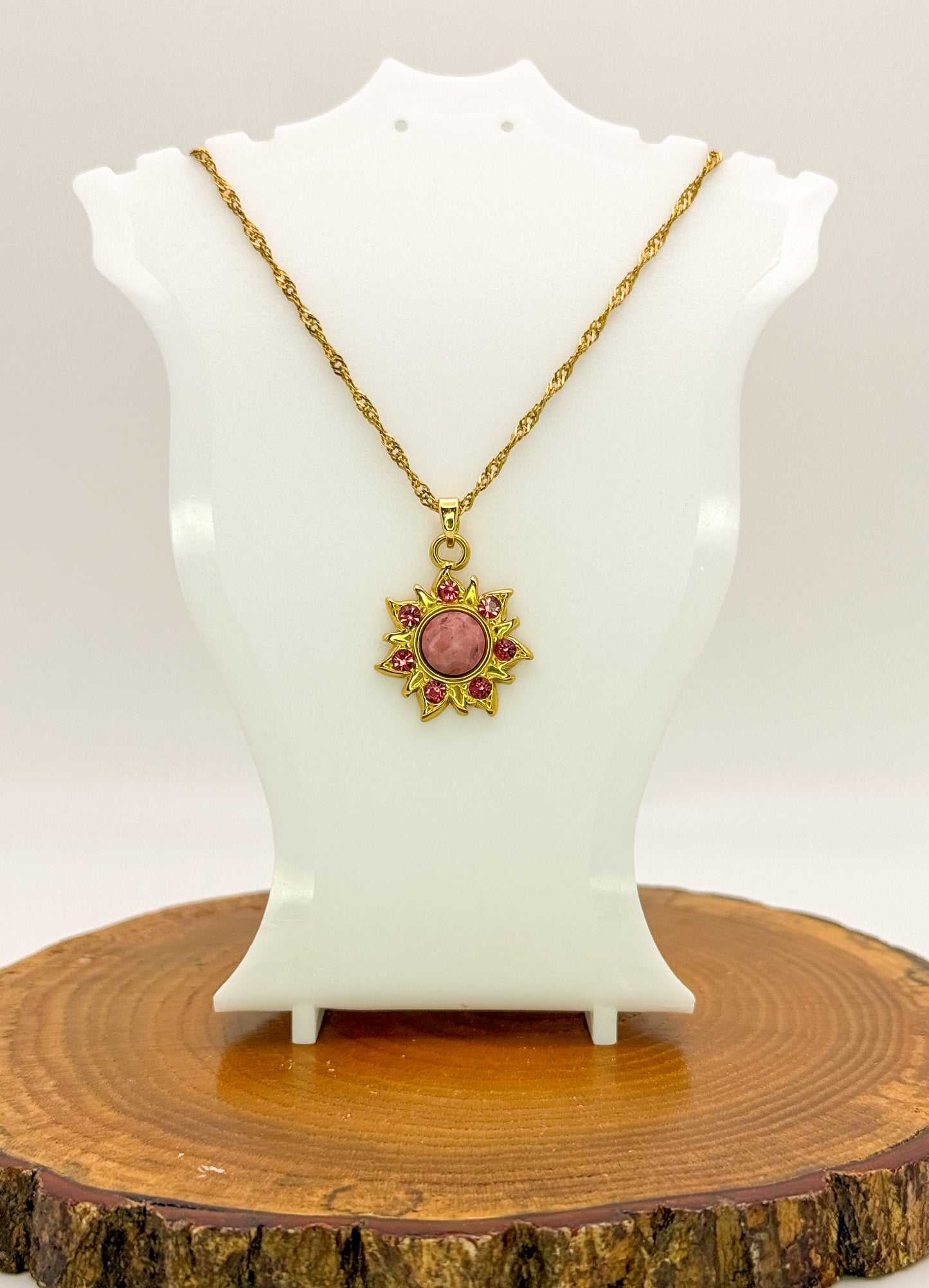 Sun Burst Necklace-Natural Gemstone Stainless Steel Sun Pendant Adjustable Necklace