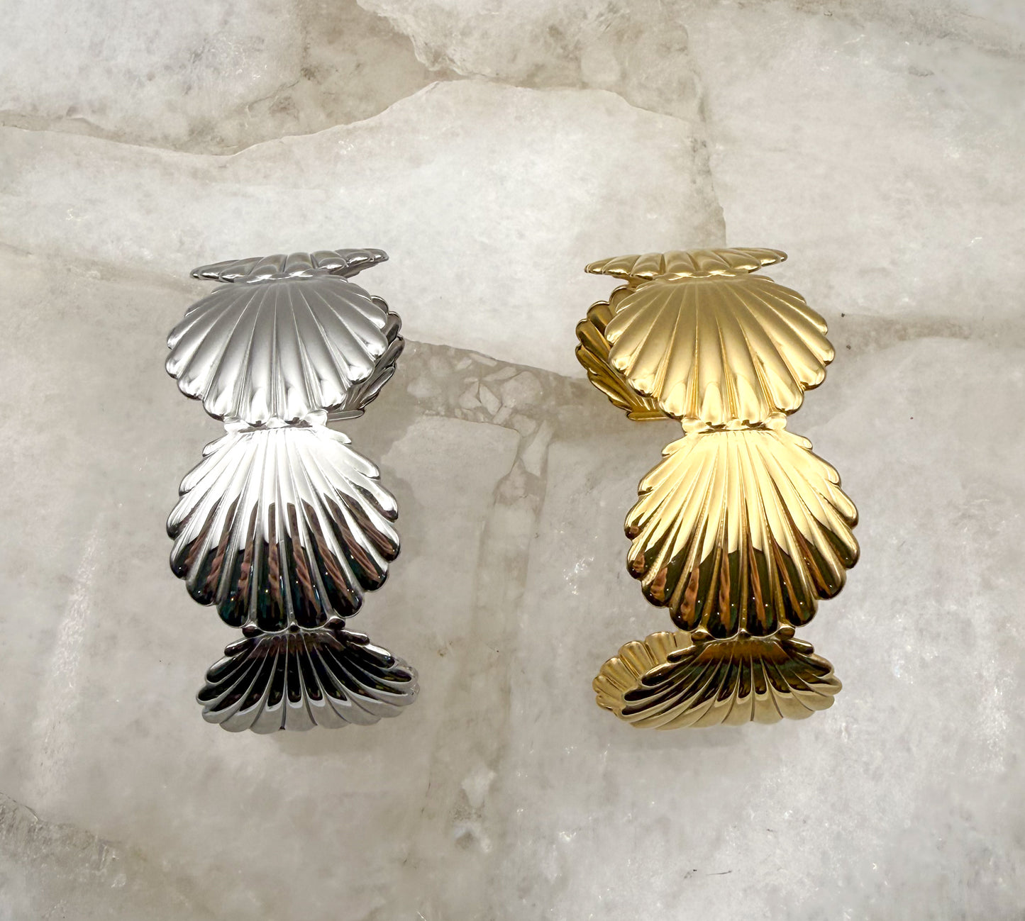Scallop SeaShell Stainless Steel Gold or Silver Plated Open Back Adjustable Cuff Bangle Bracelet