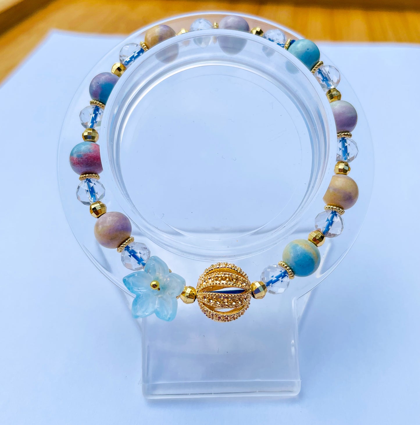 Rainbow Stone Sakura Flower Statement Beaded Stretch Adjustable Bracelet