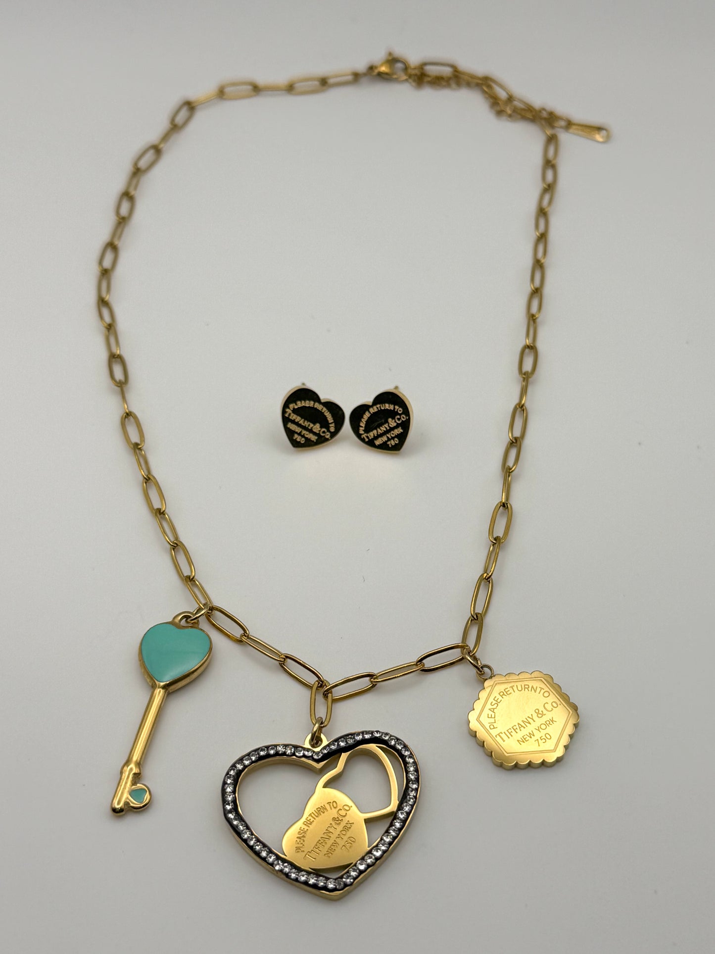 Gold Stainless Steel T&Co. Charm Necklace & Stud Earrings Jewelry Set