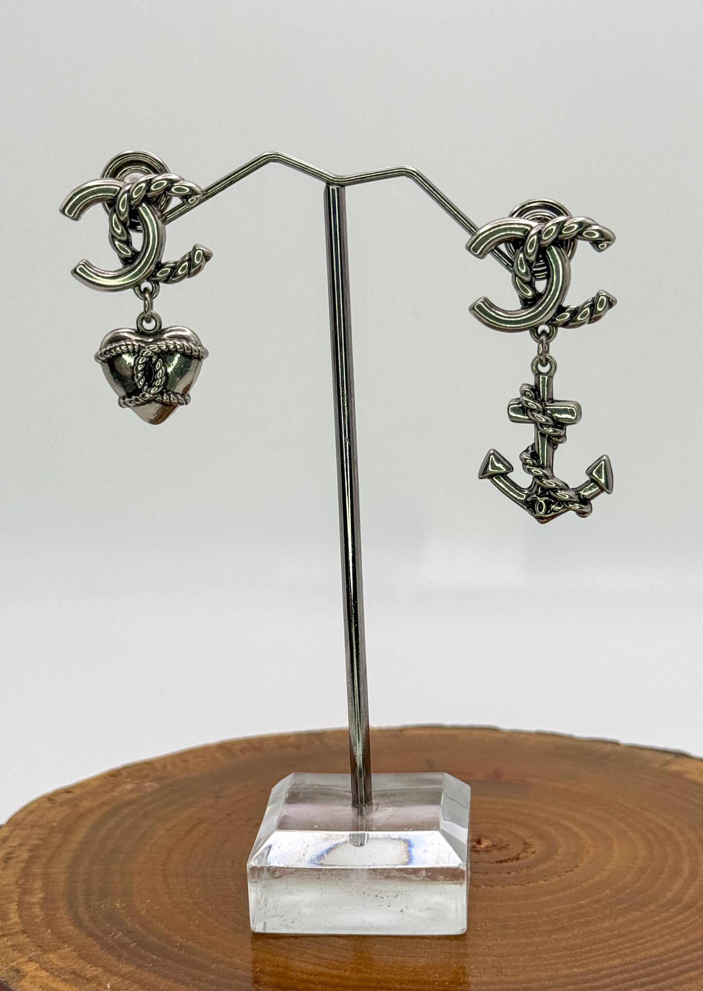 Antique Gold & Silver CC Designer Love & Anchor Stud Dangle Earrings