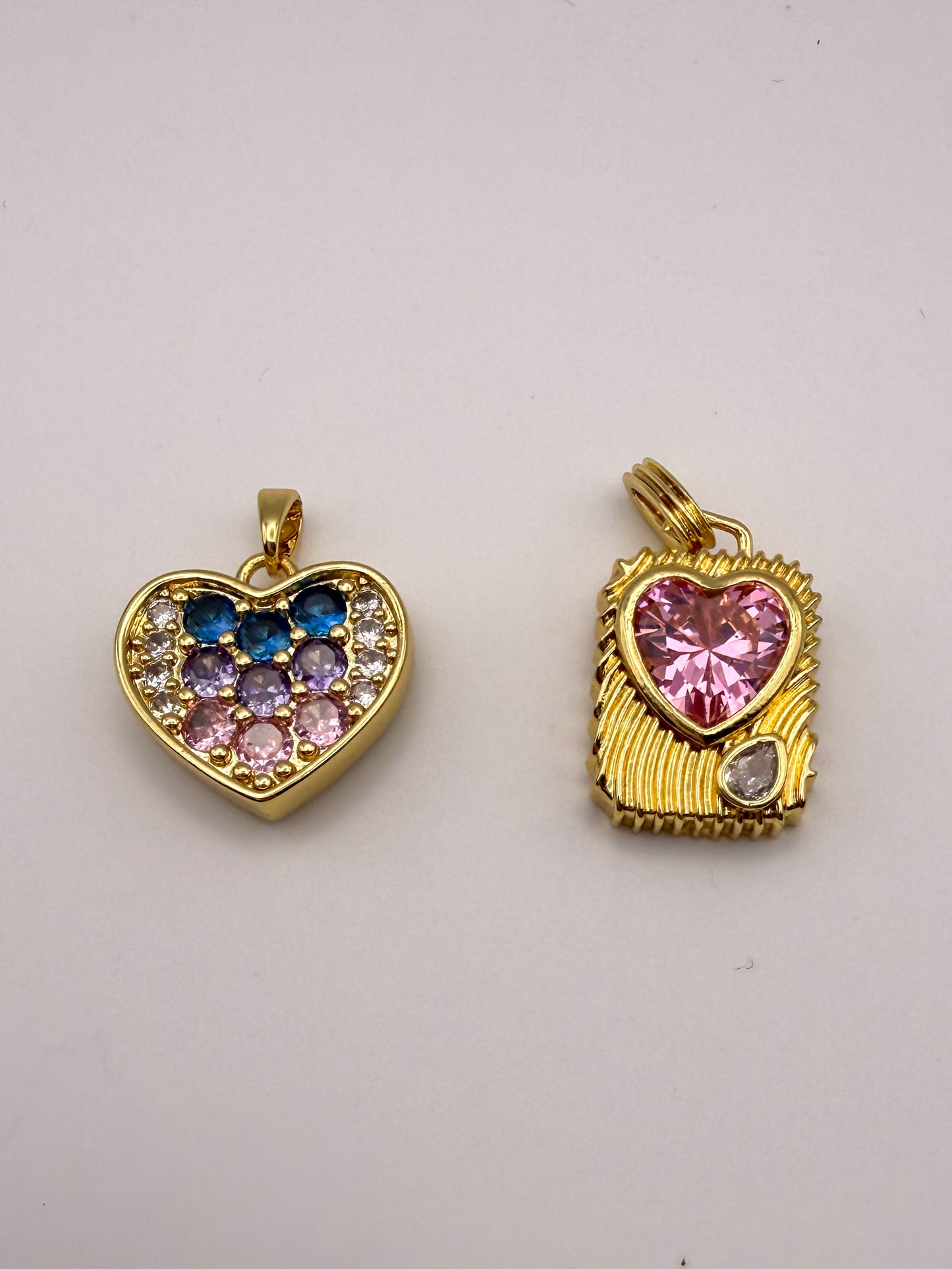 Gold Colorful Zircon Heart & Pink Zircon Heart Charm Pendant