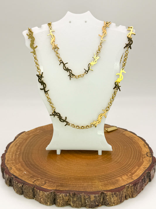 YSL Designer Gold Stainless Steel Matching Necklace & Bracelet Set
