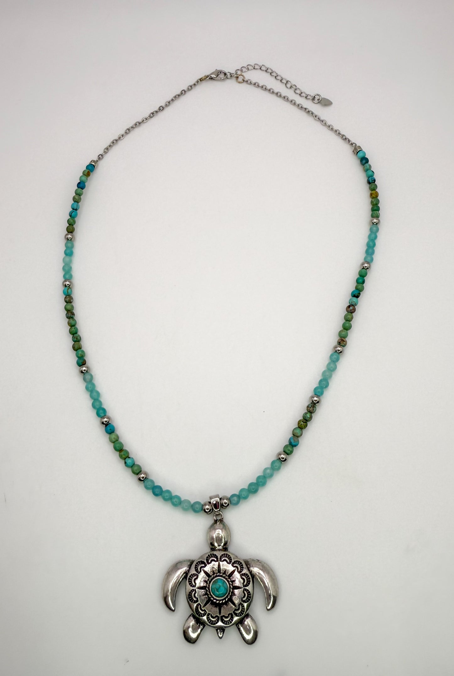 Natural Turquoise & Amazonite Crystal Beaded Necklace with Silver Sea Turtle Pendant