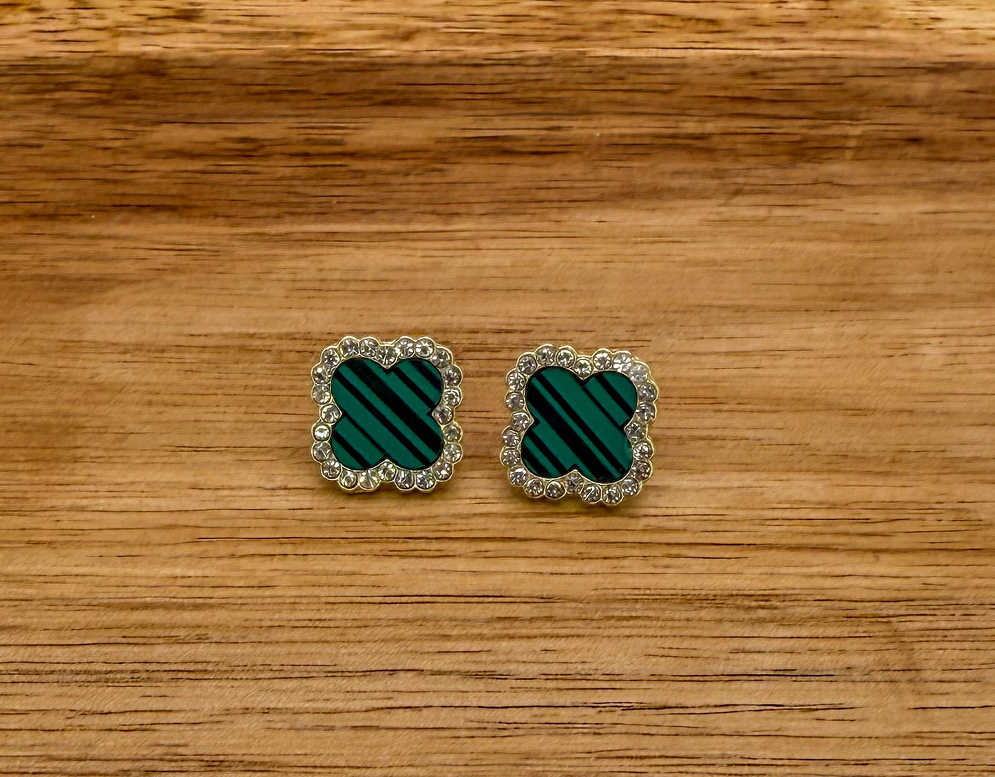 Malachite Green & Gold Clover Stud Earrings