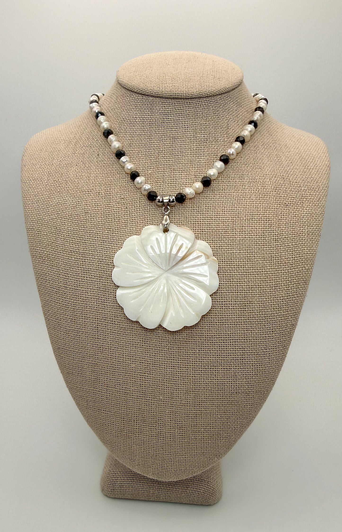 Natural Mother of Pearl Shell flower Pendant Freshwater Pearl & Natural Black Spinel Gemstone Statement Necklace