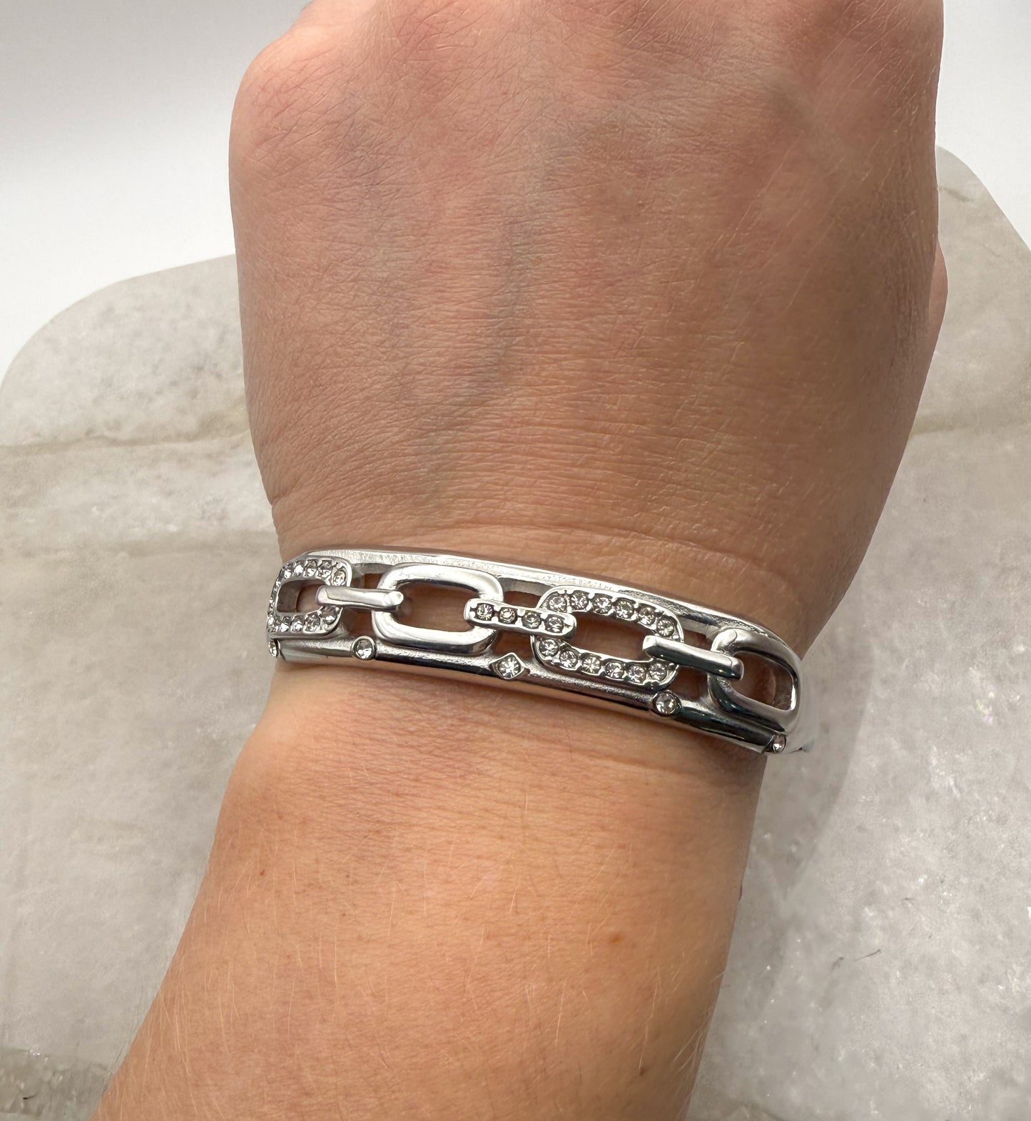 Silver Stainless Steel Bling Oval Chain Link Bangle Bracelet