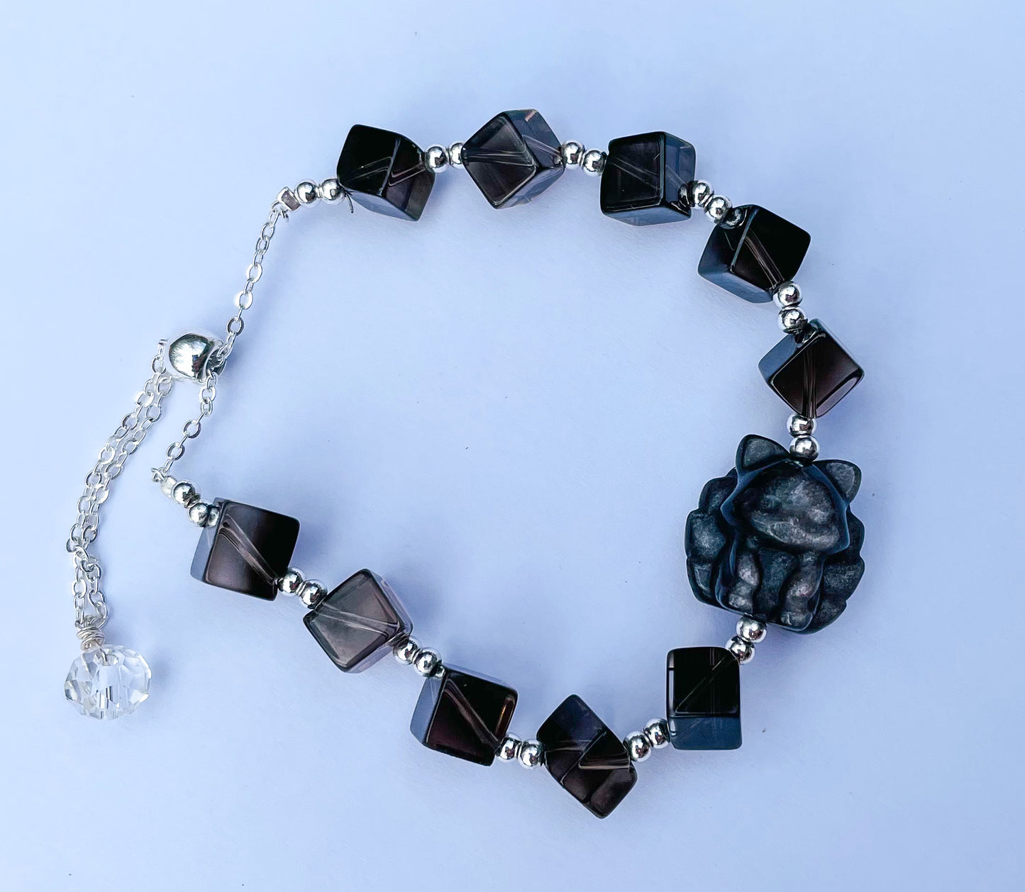 Natural Silver Obsidian 9 Tailed Fox & Smoky Quartz Irregular Beaded Adjustable Chain Bracelet