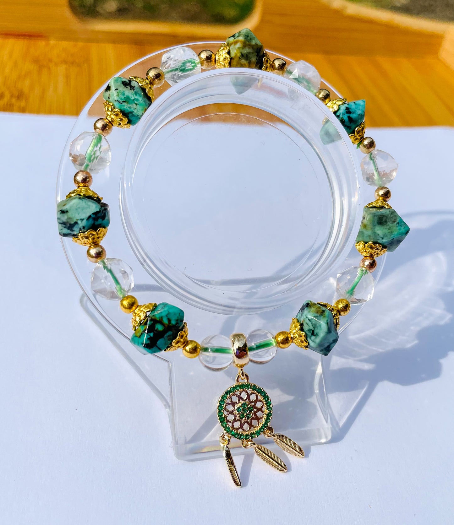 Natural African Turquoise Irregular Shaped Beaded Stretch Adjustable Bracelet with Gold Dreamcatcher Charm