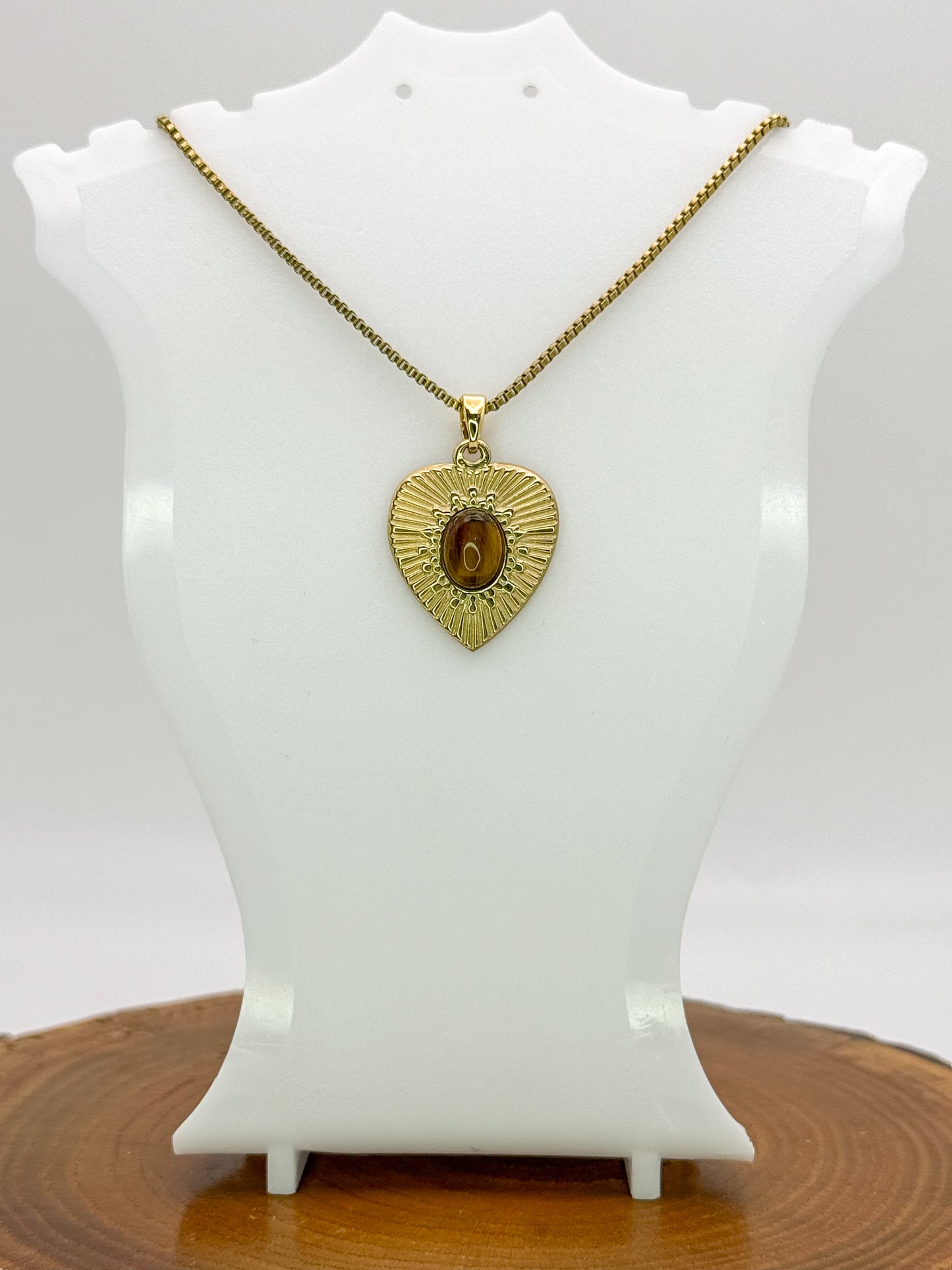 Heart of Gold Necklace- Natural Gemstones, Gold Stainless Steel Pendant Necklace