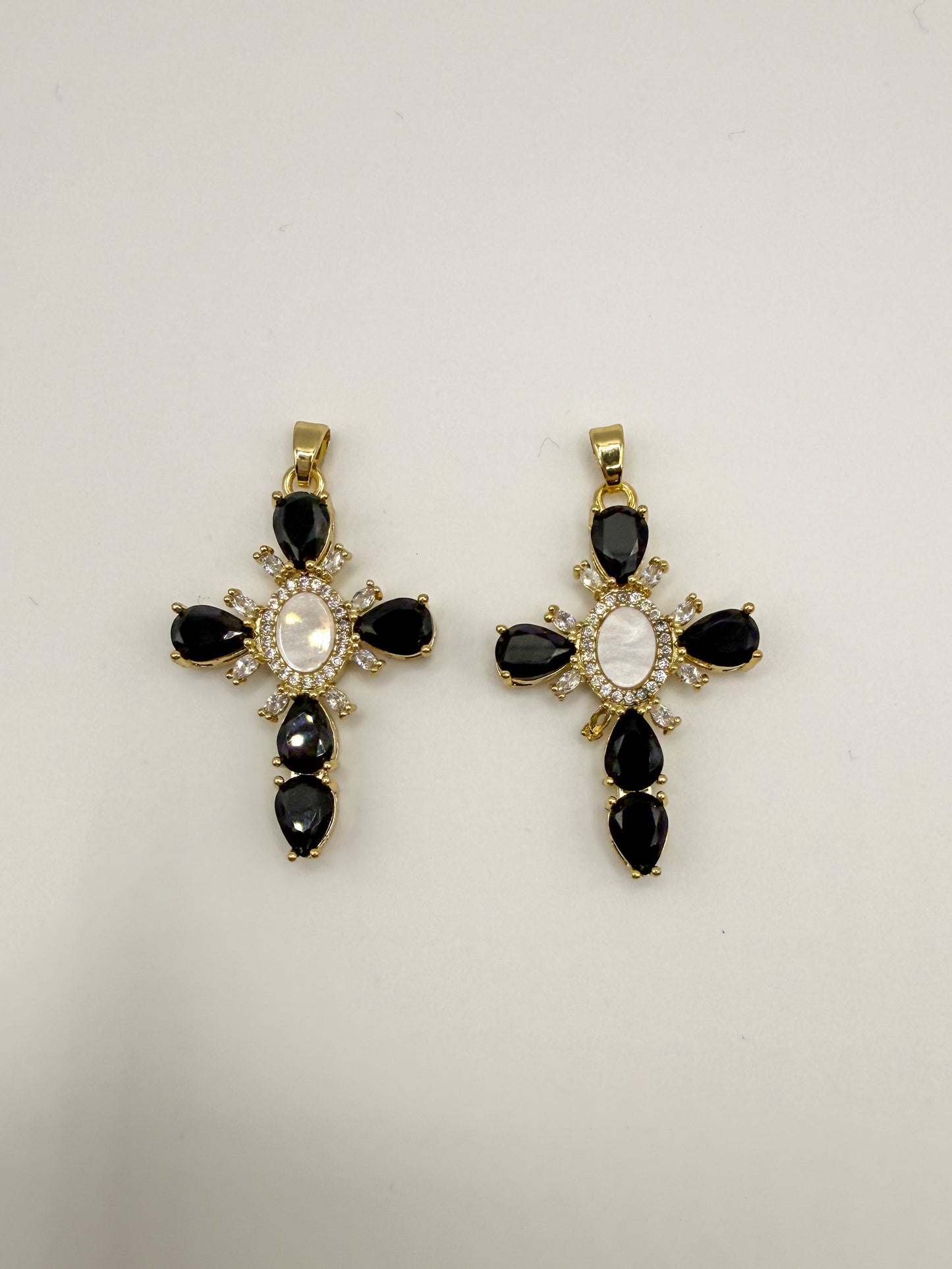 Black Zircon & Mother of Pearl Shell Gold Cross Charm Pendant