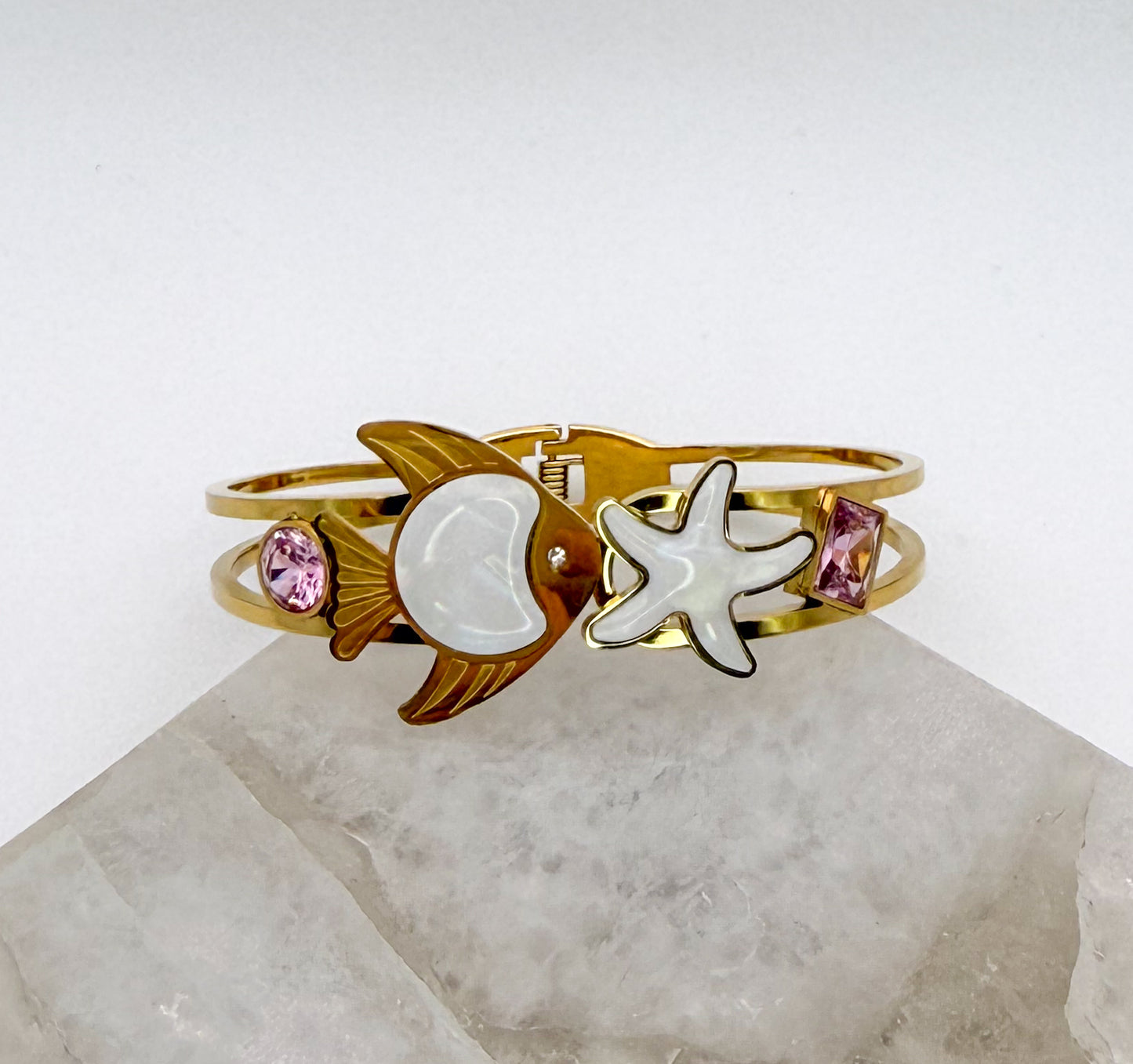 Gold Stainless Steel Sea Animal Open Front Bangle Bracelet