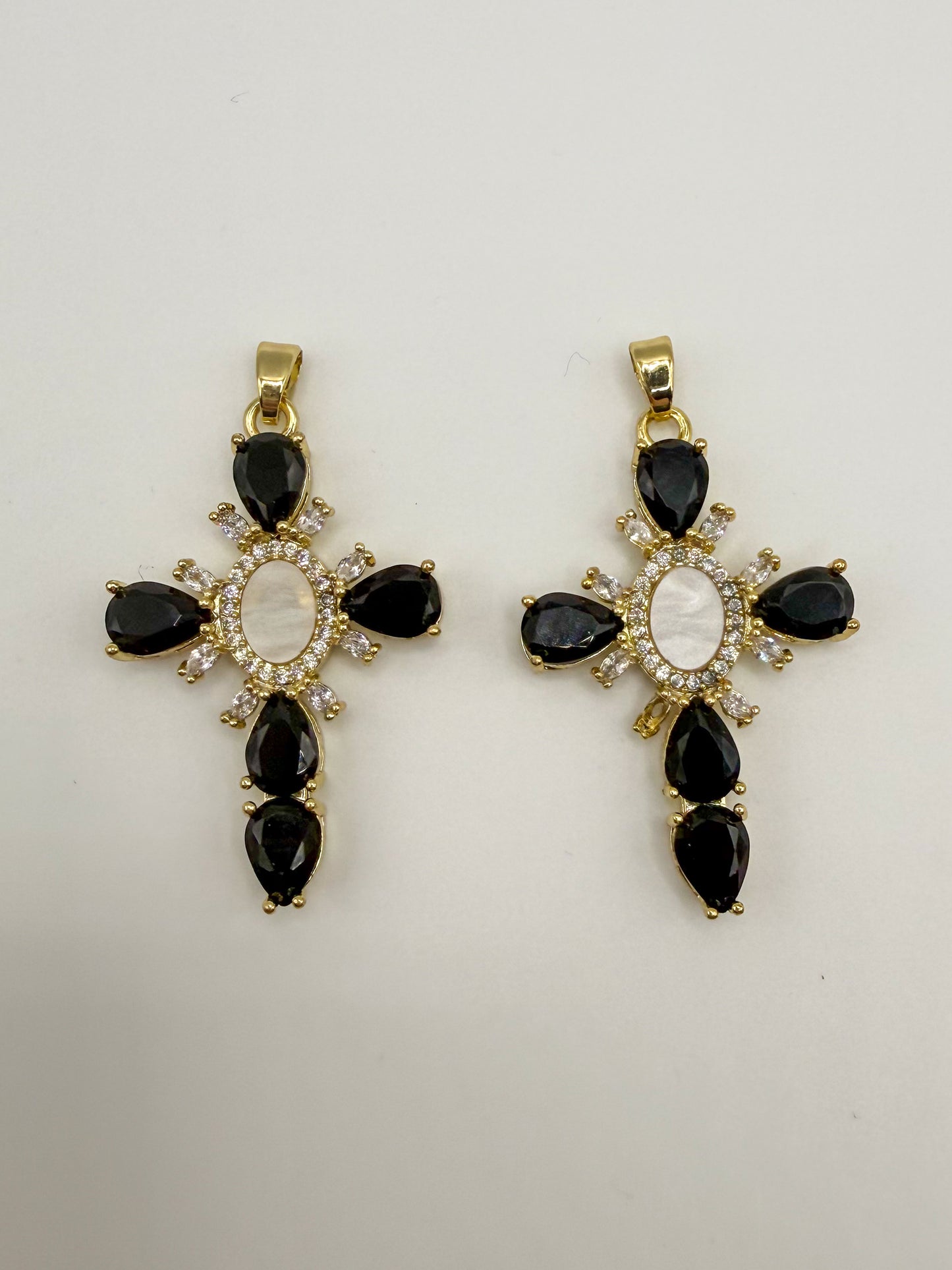 Black Zircon & Mother of Pearl Shell Gold Cross Charm Pendant