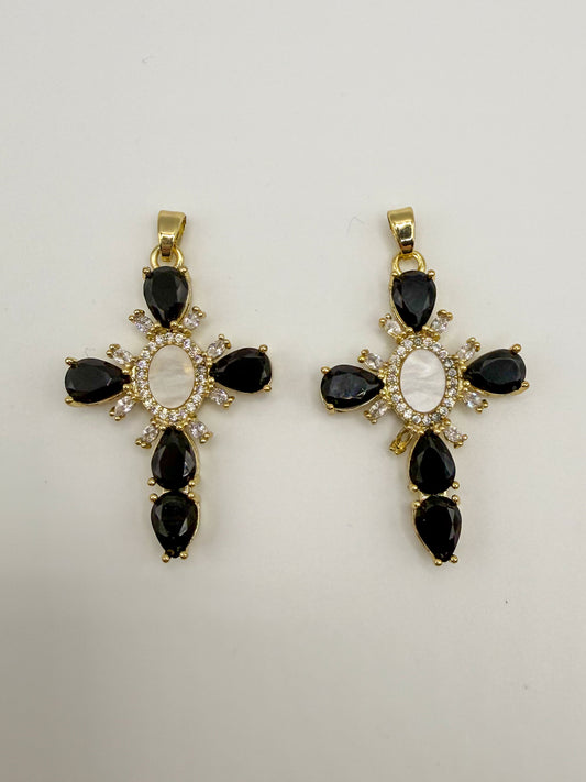 Black Zircon & Mother of Pearl Shell Gold Cross Charm Pendant
