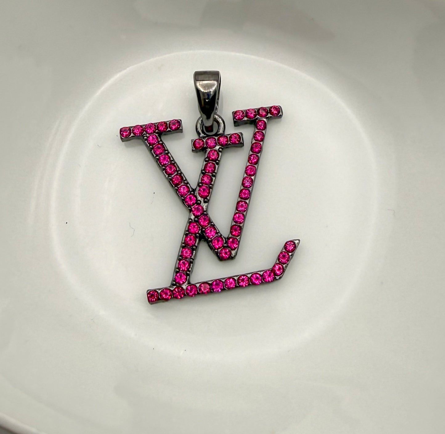 Pink Rhinestone Black LV Designer Metal Pendant